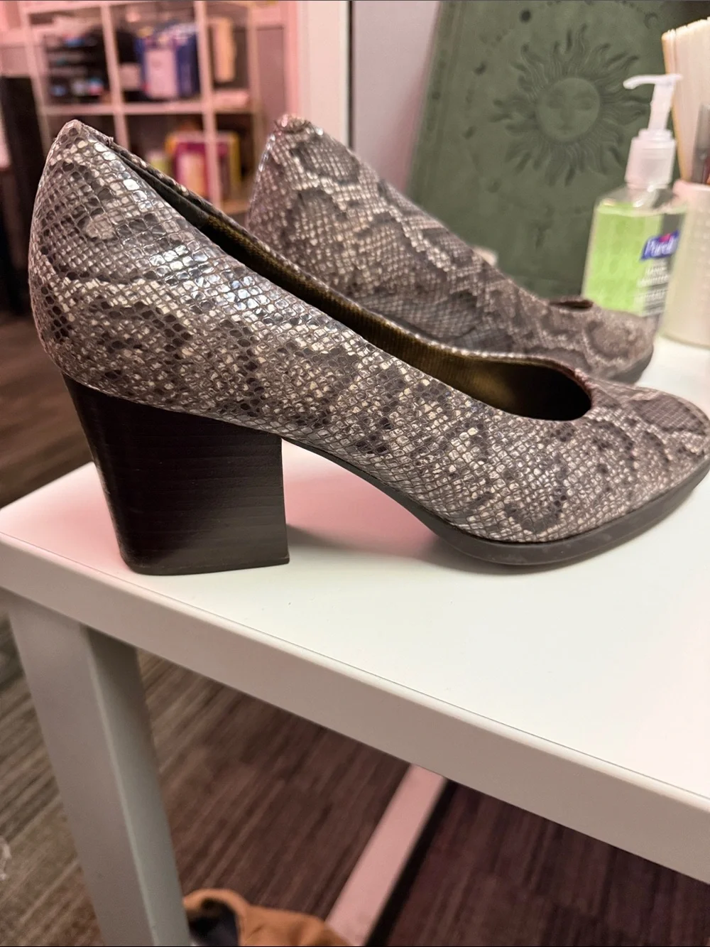 Born Snake-Print Low Block Heel Pumps in Grey